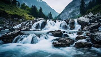 AI generated Remote mountain river with cascading waterfalls and trees photo