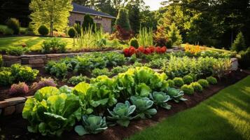 AI generated Lush green vegetable garden in full bloom photo