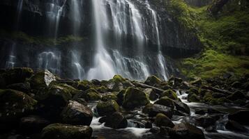 AI generated Waterfall in wilderness with green trees and rocks photo