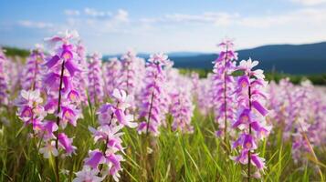ai generado prado adornado con el belleza de salvaje orquídeas en floración foto