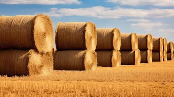 AI generated Neatly stacked hay bales arranged in organized rows photo