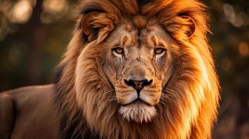 ai generado retrato de un masculino león con un grueso piel y bigotes foto