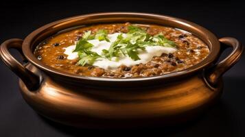 AI generated Bowl of steaming dal makhani garnished with cream photo