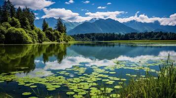 ai generado pacífico naturaleza paisaje de agua cielo y rocas foto