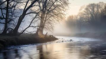 ai generado el brumoso río y el brumoso Mañana cómo ellos crear un mágico atmósfera foto