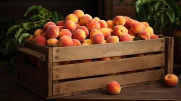 AI generated Wooden crate filled with juicy, ripe peaches photo