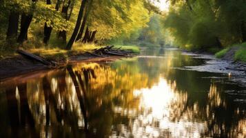 AI generated A tranquil lake surrounded by mist and trees photo