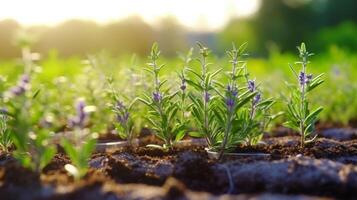 ai generado detallado ver de joven lavanda plantas emitiendo un calmante aroma foto