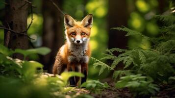 ai generado bosque claro con curioso rojo zorro en naturaleza foto