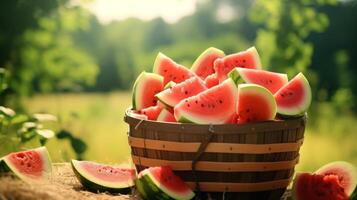 AI generated Ripe watermelon chunks displayed in a summery scene in a basket photo