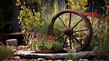 ai generado antiguo arado rueda reutilizado como encantador jardín decoración foto