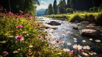 AI generated A picturesque river framed by vibrant wildflowers a rare and amazing sight to witness photo