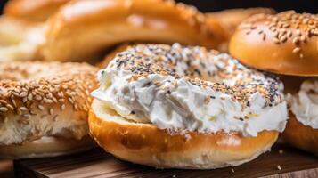 AI generated Tempting assortment of bagels with creamy cheese photo