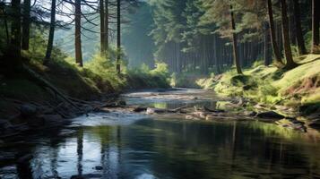 AI generated Peaceful river flowing through pine trees photo