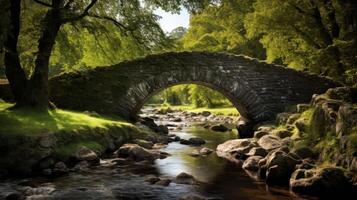 AI generated Tranquil scene with stone bridge over water photo