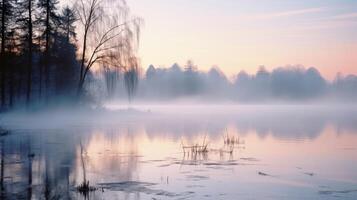 ai generado tranquilo paisaje de lago y niebla a amanecer foto