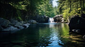 AI generated Calm lake with waterfall background photo