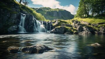 AI generated Waterfall and lake in a forest landscape photo