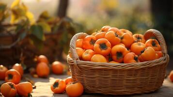 AI generated Basket of ripe persimmons against a dreamy bokeh backdrop photo