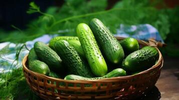 AI generated Abundant display of crisp green cucumbers in a basket photo