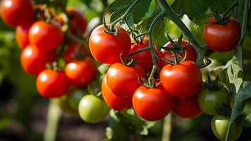 ai generado brillante rojo Tomates en vástago con hojas foto