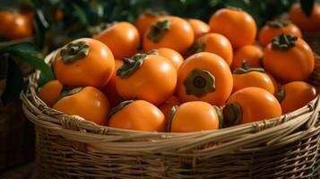 AI generated Ripe persimmons in wicker basket, close up view photo