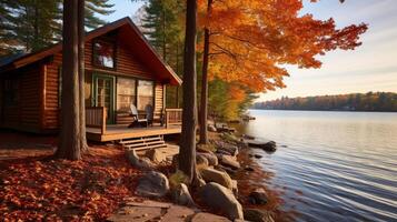 AI generated Peaceful cottage by the lake in autumn season photo