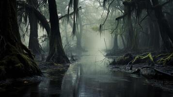 ai generado un pantano envuelto en niebla con agua y arboles en el antecedentes foto