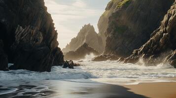 AI generated Secluded beach scene with rugged cliffs and crashing waves in nature photo