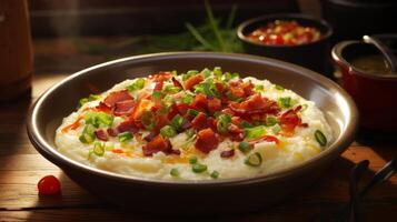 AI generated Grits bowl topped with hearty ingredients photo