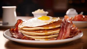 ai generado clásico desayuno con huevos, tocino, panqueques foto