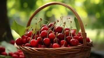 AI generated Basket brimming with ripe, juicy cherries photo