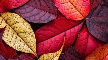 AI generated The beauty of autumn leaves in close up, showing the details and variations of the veins and patterns photo
