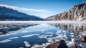 AI generated Peaceful partially frozen lake in winter photo