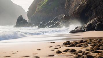 AI generated Rugged cliffs and crashing waves at a secluded beach scene photo