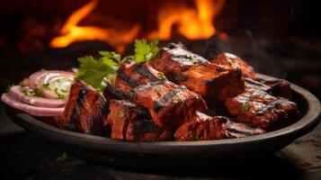 ai generado candente tandoori kebabs en arcilla horno plato foto