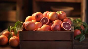 ai generado suave iluminado escena de rústico caja lleno con sangre naranjas foto