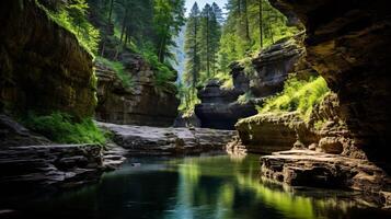 AI generated A serene and peaceful scene of a tranquil canyon with a natural bridge that connects the cliffs photo