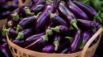 AI generated Basket overflowing with vibrant, ripe aubergines photo