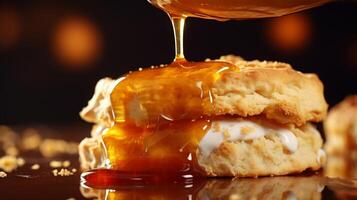 AI generated Drizzling honey over a close up biscuit photo