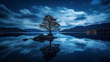 AI generated Night sky reflection on calm lake with silhouette of tree photo