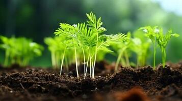 ai generado joven Zanahoria plantas demostración su inicial crecimiento foto