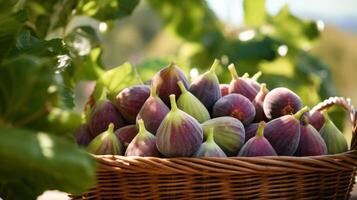 AI generated Fresh figs in a rustic basket on a wooden table photo