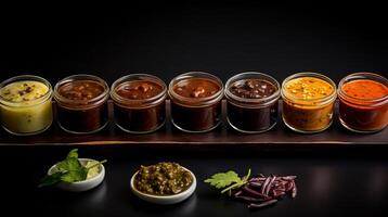 ai generado clasificado indio pepinillos y chutneys arreglado en Perfecto simetría foto