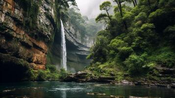 AI generated Waterfall in canyon with green plants and rocks photo