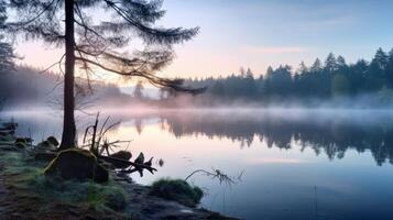 ai generado lago y niebla a amanecer en tranquilo natural ajuste foto