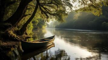 AI generated A closeup view of a vintage rowboat on a river a captivating of wood and water photo