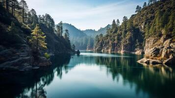 ai generado cañón con sereno lago y naturaleza en el antecedentes foto