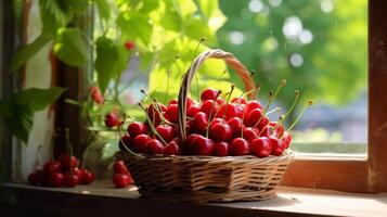 AI generated Basket of ripe cherries on a charming rustic windowsill photo