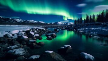 AI generated Northern lights and remote river in nature photo